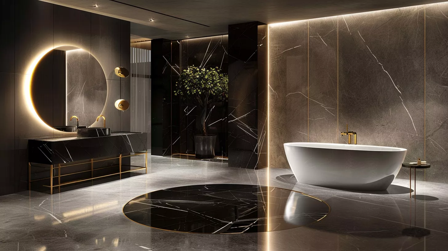 حمام رخامي بتجهيزات نحاسية فاخرة، حوض مستقل، وإضاءة محيطية ناعمة حمام رخامي بتجهيزات نحاسية فاخرة، حوض مستقل، وإضاءة محيطية ناعمة